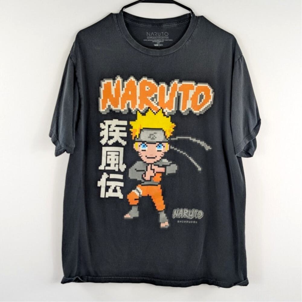 Naruto Shippuden Large Graphic T Shirt Anime Pixel Art Gray Cotton Licensed